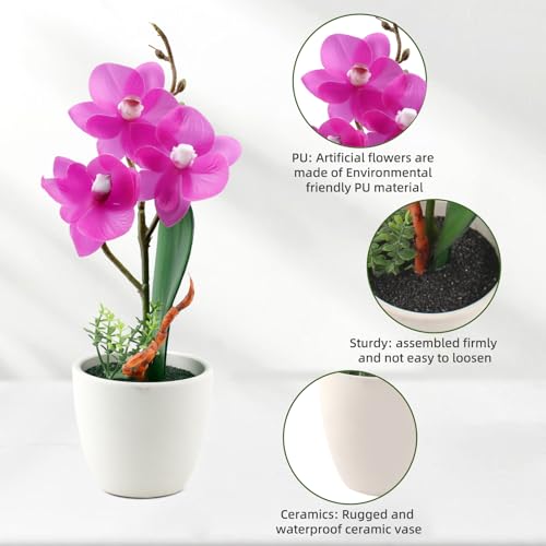 2Pcs Artificial Orchid Fake Flowers Faux Phalaenopsis Ceramic Vase Small Potted Plant for Home Office Desk Bathroom Wedding Decor(Purple & Yellow) - color: Purple & Yellow