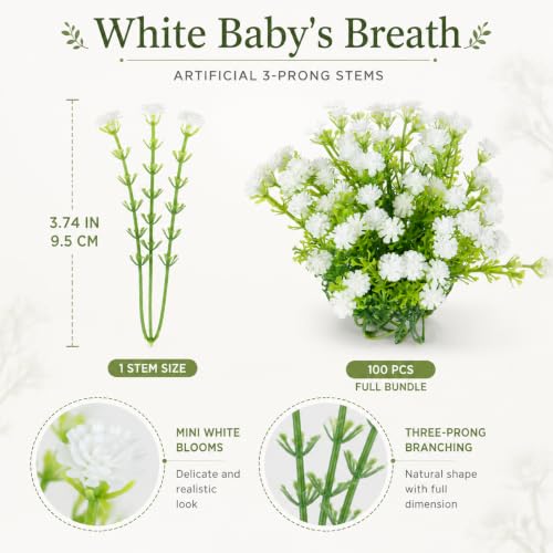RAINFLOW Babys Breath Artificial Flowers Bulk - 100PCS Mini Flowers for Decoration Scrapbook Supplies Flower Garland Wedding Decorations for Reception Bouquet Accessories Home Decor(All White, 3.7In) | 100PCS Mini Flowers, Wedding Decorations, Bouquet Acc