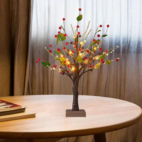 Artificial Mini Christmas Tree Light up Tabletop Xmas Tree with Red Berry and Green Leaves Table Decoration Light for Tabletop Centerpiece Christmas Decorations Indoor Home Decor - style: Red Fruit Christmas Tree