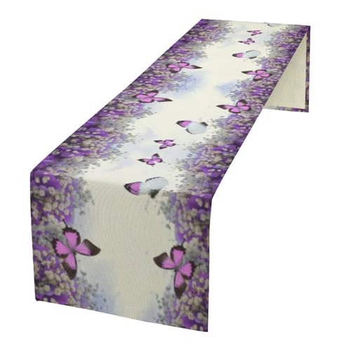 Butterfly Table Runner,Spring Seasonal Garden Theme Purple Floral Table Runner for Holiday Kitchen Living Room Home Party Decor 13x36 Inch - color: Butterfly-11, size: 13x36in