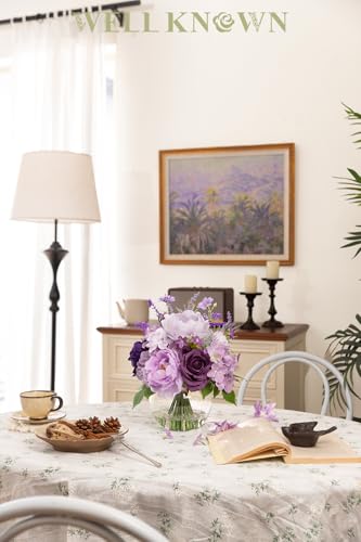 Artificial Flowers in Vase for Home Decor, Fake Lavender & Silk Peony Rose Bouquet Centerpieces in Glass Vase with Fake Water for Party Wedding Dinning Table Office Hotel Decor (Lavender Purple Mixed) - color: Lavender Mixed