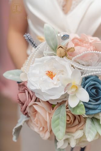 TINGE TIME 9 Inch Artificial Bridal Bouquet, Cascading Wedding Bouquet for Wedding Ceremony and Anniversary (Dusty Rose & Navy Blue) - color: Dusty Rose & Navy Blue