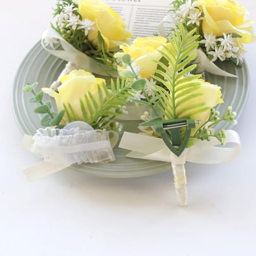 Corsage and Boutonniere Set, Handmade Artificial Peony Rose Wrist Corsage Wristlet and Groom Boutonniere for Men Wedding Prom Suit Decorations (Yellow) - color: Yellow