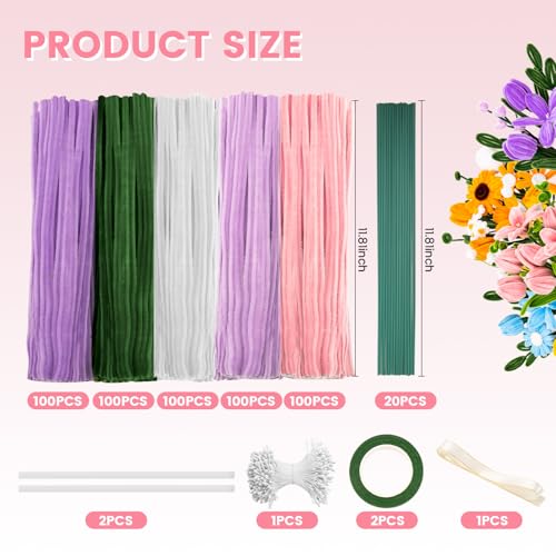 Pipe Cleaners Craft, 500 PCS Pipe Cleaner Flower Kit with 5 Colors Chenille Stems, Floral Wires, Ribbon, Gardening Tape & Stamen for DIY Bouquets, Arts and Crafts Supplies - color: Multicolor-A