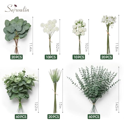 Serwalin 200 Pcs 7 Kinds Mixed Artificial Eucalyptus Leaves Stems Bulk Faux Silver Dollar Eucalyptus Leaves Real Touch Greenery Branches for Wedding Floral Arrangement Table Centerpieces Home Decor - color: Green-200pcs