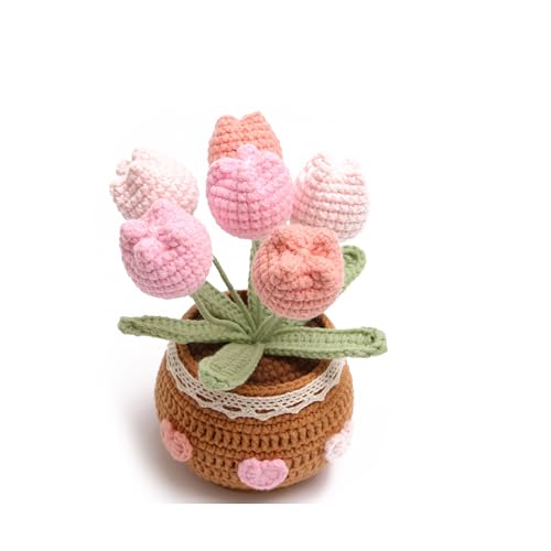 Crocheted Tulip Bouquets, Artificial Tulip Hand-Woven Flowers Suitable for Home, Office Decorations and Birthday Gifts for Family and Friends Anniversary (6 Flowers-Pink) - color: Pink a, size: A