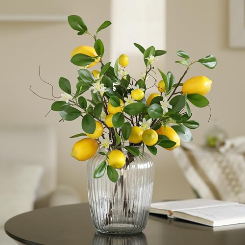 Laelfe Artificial Lemons Branches, 8 Head Faux Lemons with Stem Fake Lemon Themed for Kitchen Decoration Party Farmhouse Decor (Yellow) | Fake Lemon Stems, Summer Home Kitchen Decor, Farmhouse Party Decorations