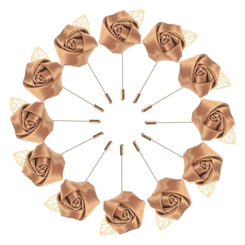 M METERXITY 12-Pack Flower Lapel Pins for Men, Golden Leaf Rose Boutonnieres Pin for Wedding/Dance/Party, Mens Lapel Pins for Suits Satin Flower Corsage Hat Pins [Champagne] - color: Champagne