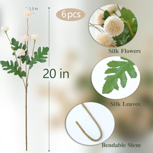 mizii 6Pcs Beige Fake Silk Pompon Mum Artificial Flowers Bulk Small Faux Chrysanthemums with Stems Floral Decorations for Wedding DIY Bouquet Centerpieces Shower Vase Home Decor (Bright Beige) - color: Bright Beige