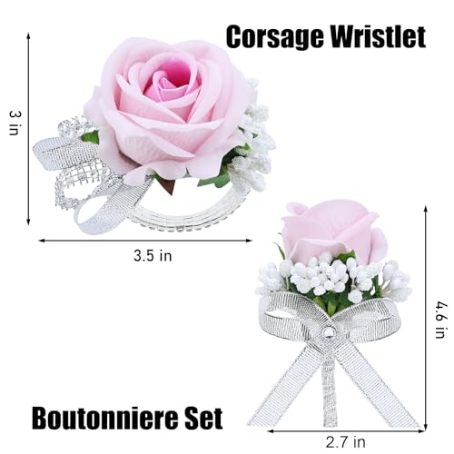 2Pcs Light Pink Rose Corsage and Boutonniere Set, Artificial Wrist Corsage Wristlet Bracelets, Men Boutonniere for Wedding Party Ceremony Homecoming Flowers Accessories Prom Decorations - color: Light Pink