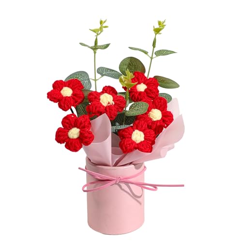 Vynora Crochet Flower Bouquet, Valentine's Day Crochet Bouquet of Flowers, Handmade Knitted Flowers with Card for Anniversary, Birthday, Wedding, Gift for Women (Red) - color: Red