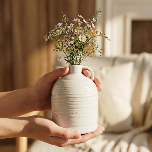 Firehold Ceramic Vase Set of 3, Rustic Farmhouse Boho Vases, Textured Country Home Decor, Small Decorative Vases for Shelves Mantel Table, Gift Set for Dried Pampas Grass & Fresh Flowers (White) - color: 01-white