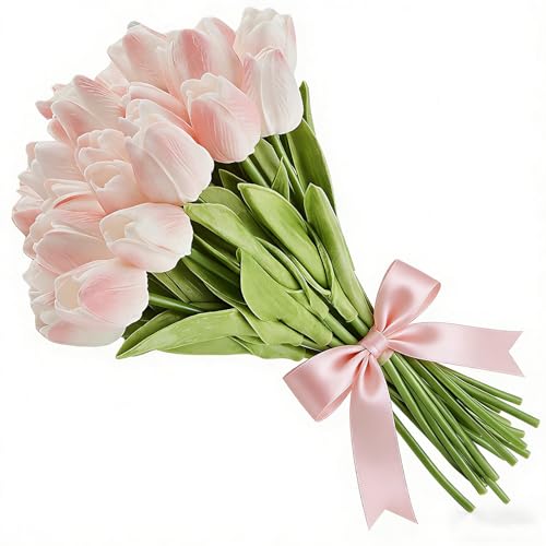 Artificial Tulips Bridal Wedding Festival Decor Bouquet Real Touch PU Flower Bouquet Pack of 20 (Light Pink) - color: Light Pink