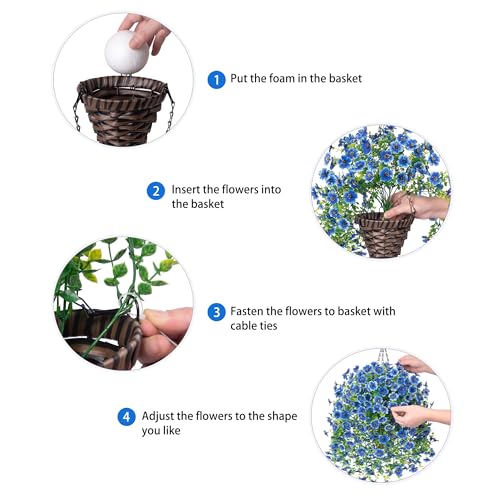 HyeFlora Artificial Hanging Flowers Basket for Outdoor, Fake Flowers Faux Plants Look Real for Yard Gardens Porch Patio Home (Blue) - color: Blue
