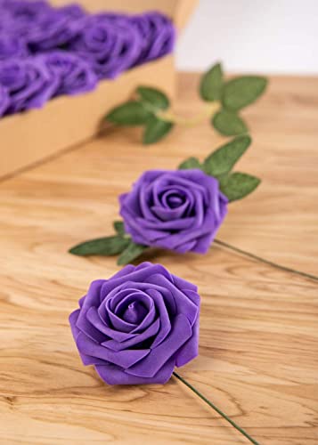 25pcs Artificial Flower Foam Rose Real Touch Roses Flower Heads with Stem for DIY Wedding Bouquets Centerpieces Arrangements Party Baby Shower Home Decor (Deep Purple) - color: Deep Purple
