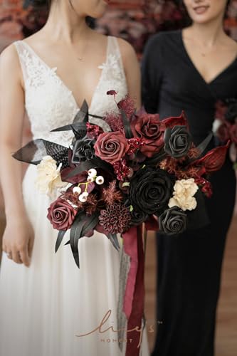 Ling's moment Black and Burgundy Wedding Bouquets for Bride, Gothic Bridal Bouquets for Bride, 13 Inch Free Form Artificial Wedding Flower Bouquet - color: Blk-moody Burgundy & Black, size: Small 13 Inch