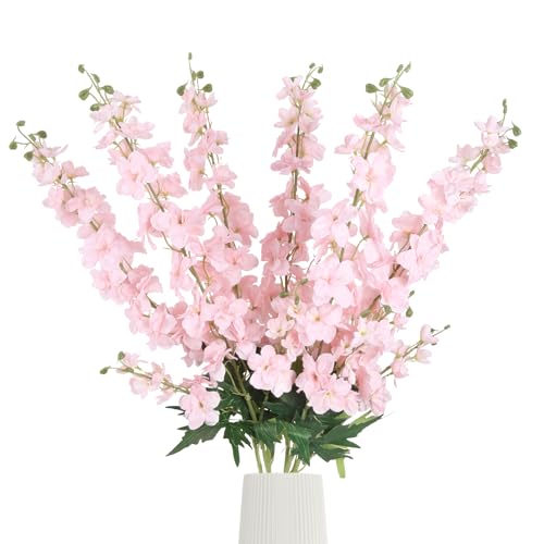 6Pcs Pink Delphinium Artificial Flowers 37.4’’ Faux Silk Larkspur Flowers Long Stem Flowers for Floor Vase Table Centerpiece Home Wedding Party Garden Decoration(Pink) - color: Pink
