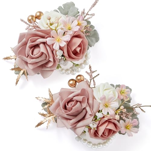 Serwalin 2 Pcs Wrist Corsage, 6-7 Inch Dusty Pink Corsage for Wedding, Bridesmaid Mother Grandmother, Artificial Flowers for Prom Ceremony Anniversary - color: Pink, size: Corsage-2pcs