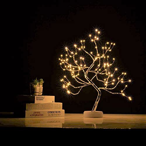 Bonsai Tree Light Silver Matte 20 Inches Artificial Tabletop Fairy Light Tree Lamp,Eight Lighting Modes,USB or Battery Operated with Timer,Decor of Bedroom,Living Room,Christmas (Warm White) - color: Silver