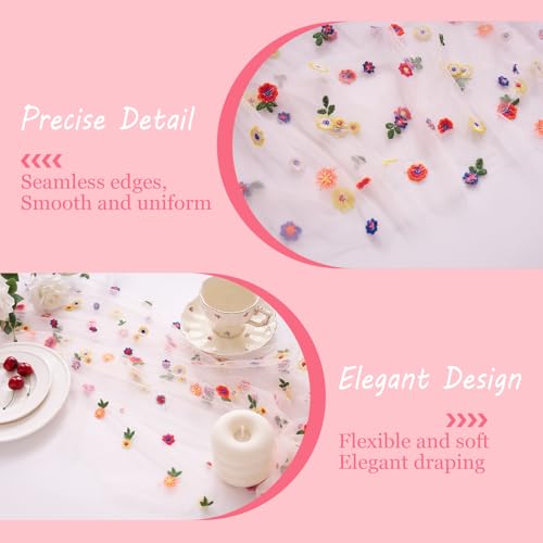 Pink Embroidery Daisy Table Runner 10ft 120 Inch Fall Florals Gauze Tulle Sheer Cheesecloth Holiday Kitchen Dining Table Decoration for Home Wedding Party Baby Shower Birthday Indoor Decorations - color: Pink, size: 10ft x 1Pack