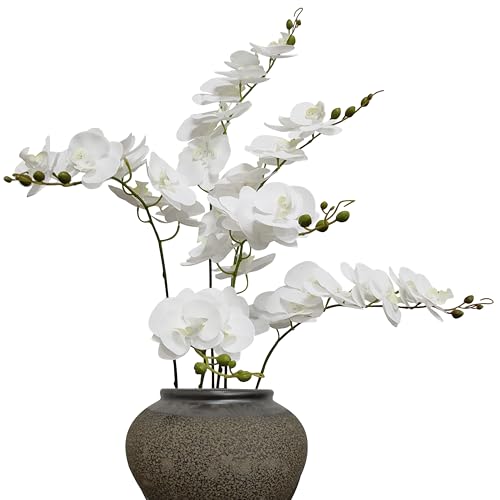 ATFL 6 Pack White Orchid Artificial Flowers Real Touch, 32'' Artificial Fake Faux Silk Orchid Stem Bouquets for Wedding Party Home Garden Decor,Orquideas Artificiales para Decora (not Including Pot) - color: White
