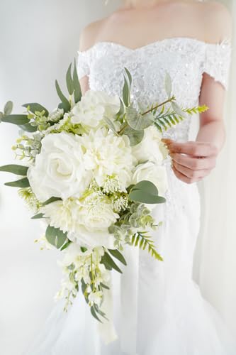 Bridal Bouquet Cascading, White & Green Wedding Bouquets for Bride Bridesmaid 10" Artificial Flowers Bouquet for Wedding Decor - color: White & Green