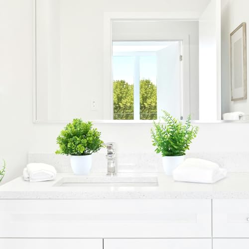 GREENTIME 2 Pack Small Fake Potted Plants for Home Decor Faux Eucalyptus Plant in White Pot Artificial Mini Fern Greenery for Bathroom Shelf Indoor Office Desk Living Room Kitchen Decorations - color: White-2