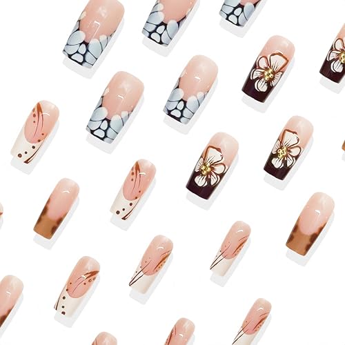 24Pcs Fall Press on Nails Medium Square Fake Nails with 3D Flowers Gold Beads False Nails Autumn Winter Flower Full Cover Glue on Nail Brown Flower Artificial Stick on Nails for Women Manicure