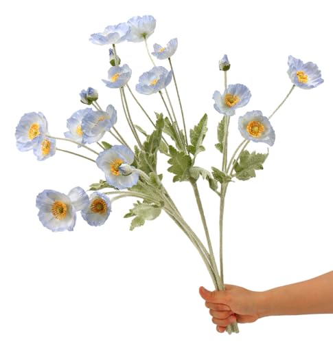 Set of 6 Light Blue Silk Poppy Flowers Artificial with Stems Silk Poppies Bouquet Faux Ranunculus Artificial Flowers for Wedding Party Home Office Indoor Decoration (Light Blue) - color: Light Blue