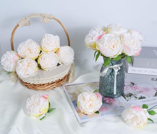 16pcs Peony Artificial Flowers Fake Peonies Bulks Cream White Silk Peonies Flowers Faux Peony Flowers Heads with Stems for Home Wedding Party Festival Baby Shower Decorations (Cream White) - color: Cream White