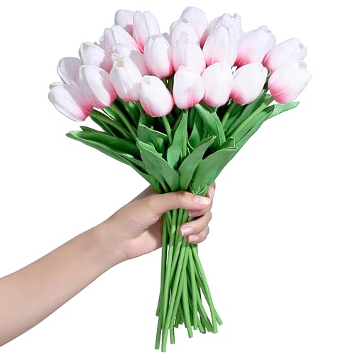SITUMEIZI 15pcs Pink Tulips Fake Artificial Flowers Real Touch 14" PU Flower for Home Decor Spring Easter Wedding Bouquet Decorations Gifts(Pink Base) - color: Pink Base