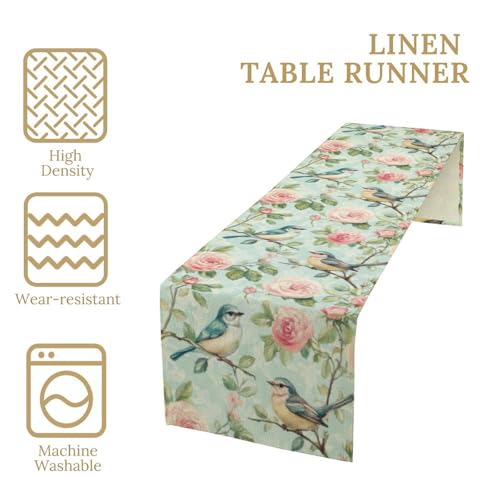 Spring Bird Floral Table Runner,Birds Table Runner Burlap Table Decoration for Seasonal Home Kitchen Dining Dinner Indoor Holiday Farmhouse Decor 13x36 in - color: Bird_14, size: 13x36inch