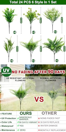 24 Bundles 6 Styles Artificial Plants Flowers for Outdoors Spring Summer Decor, UV Resistant No Fade Faux Plants Plastic Greenery Shrubs, Fake Fern Lavender Boxwood for Gardens Porch Yards Home Decor - size: 24 Pack