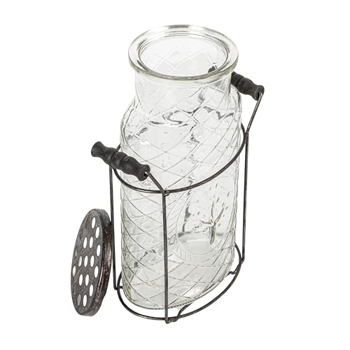 Creative Co-Op Glass vase in Metal Stand with Metal Frog Lid - size: Large