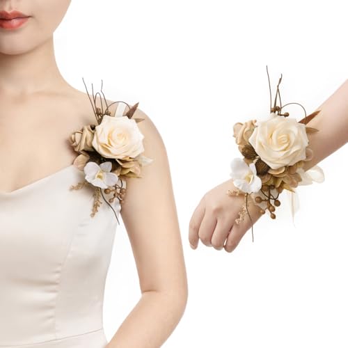 Ling's moment 2pcs Prom Wrist/Shoulder Corsage Artificial Flower, Girl/Mother Homecoming/Wedding Corsage Wristlet Décor, etc. Brown Beige - color: Brn-brown & Beige