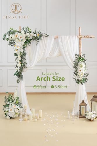 TINGE TIME Wedding Arch Flowers Kit - Deluxe 5pcs Artificial Floral Swag with 3 Sheer Drapes, Realistic Silk Flower Arrangements for Wedding Ceremony Arbor Backdrop Reception Party Home Decor - color: Ivory White