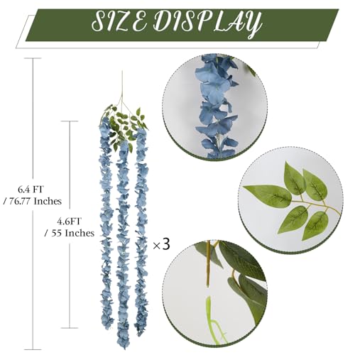 IPOPU Dusty Blue Wisteria Hanging Flowers Garland 6.4FT Wisteria Garland Hanging Flowers for Decoration for Wedding Arch, Backdrop, Garden Party Decor, 3 PCS (Dusty Blue) - color: Dusty Blue