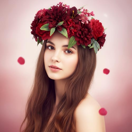Janinka 100 Pcs Red Assorted Fake Flower Heads with Long Stem Mini Artificial Flower Bulk Mix Silk Faux Daisy for Crafts Fake Peony Rose for DIY Wedding Party Wreath Home Decoration - color: Red