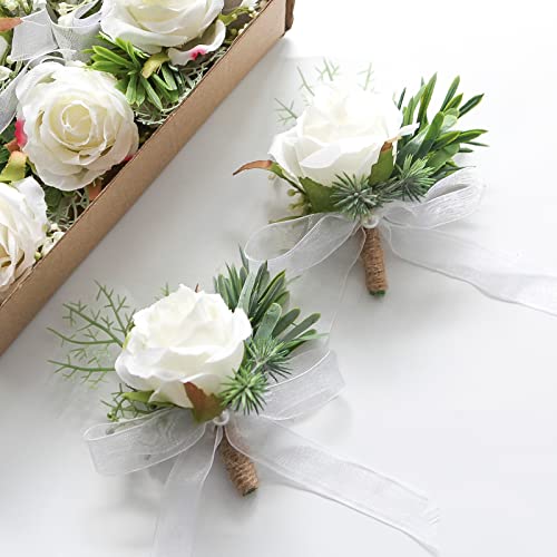 Floroom Set of 6 Ivory Rose Boutonnieres for Best Men Groom Groomsmen White Wedding Prom - color: 6 Boutonnieres
