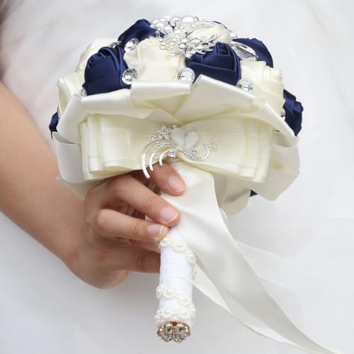 Wedding Bouquets Crystal Satin Rose Bride Bridal Bouquet Romantic Bridesmaid Holding Flower for Valentine's Day Confession Party Church Decor (Navy Creamy) - color: Navy Creamy