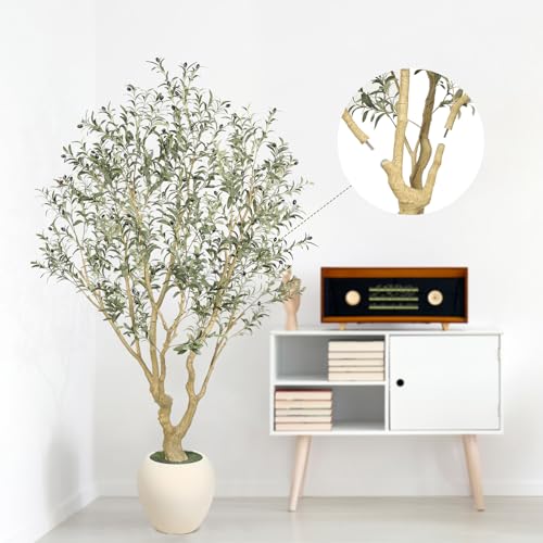 FEELEAD Olive Trees Artificial Indoor - 7FT Faux Olive Tree with 15" Exquisite Planter, Natural Trunk and Lifelike Leaves, Tall Fake Olive Tree for Home Office Living Room Decor