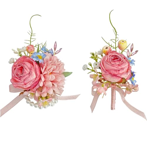 Corsage and Boutonniere Set, Handmade Artificial Peony Rose Wrist Corsage Wristlet and Groom Boutonniere for Men Wedding Prom Suit Decorations (Pink) - color: Pink
