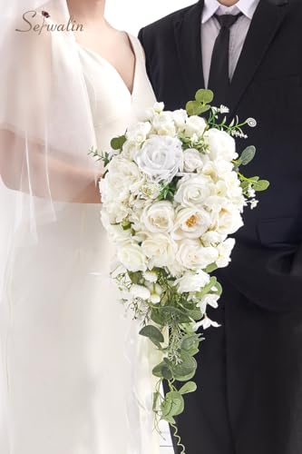 Serwalin 11 Inch Wedding Bouquets for Bride Bridesmaid, White Rose Bridal Bouquets for Bride, Wedding Flowers Bouquet Tossing Bouquet, Ceremony and Anniversary - color: White