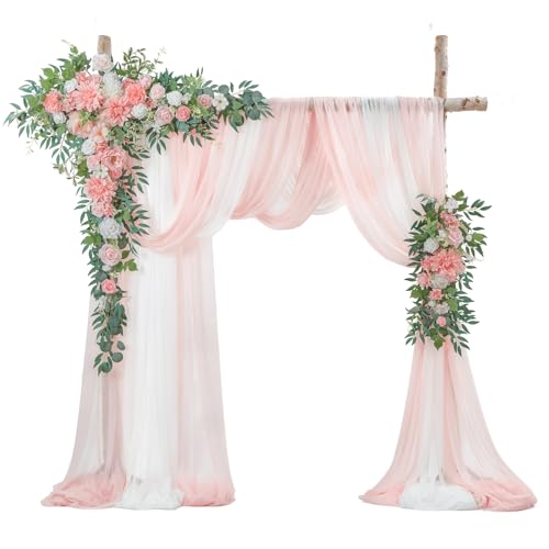 TINGE TIME Wedding Arch Flowers Kit - Deluxe 5pcs Artificial Floral Swag with 3 Sheer Drapes, Realistic Silk Flower Arrangements for Wedding Ceremony Arbor Backdrop Reception Party Home Decor - color: Peach Pink & White