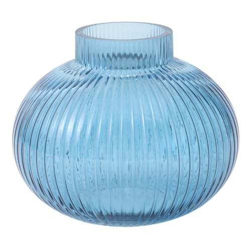 Blue Glass Vase for Tulips, Ribbed Glass Vase for Flowers, Round Flower Vases, Small Short Vases for Living Room, Office, Coffee Table, Shelf, Wedding, 6 Inches - color: Blue, size: Round 6 Inches