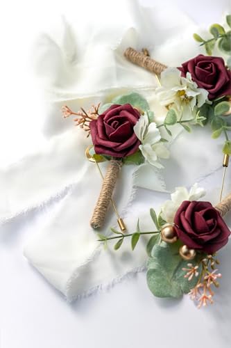 Boutonniere for Men Wedding, Groom Groomsman Artificial Rose Flowers for Wedding Anniversary Celebration,Prom,Party,Home Decoration Set of 2 (Burgundy) - color: Burgundy
