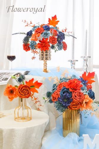 Floweroyal Artificial Flowers Combo Orange Flowers Mix Silk Flowers Dahlia Roses with Stems for DIY Wedding Bridal Bouquets, Baby Shower, Floral Arrangement, Table Centerpieces, Home Decorations. - color: Autumn Orange & Blue