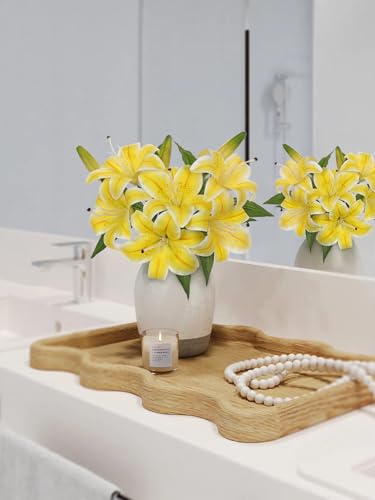 Artificial Tiger Lily Silk Flowers - 3 Pcs Faux Lily Flower 14.9" Fake Lilies Bouquets Faux Stargazer Lilies Stem with 6 Heads & 3 Buds for Indoor Outdoor Home Table Wedding Decor (Bright Yellow) - color: Bright Yellow