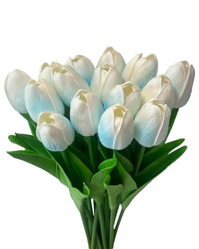 15 Pcs Fake Tulips Artificial Flowers Real Touch PU Faux Flowers Tulip Stems for Wedding Bouquet Floral Arrangement Home Party Office Decorations Mother's Day - color: Ice Blue