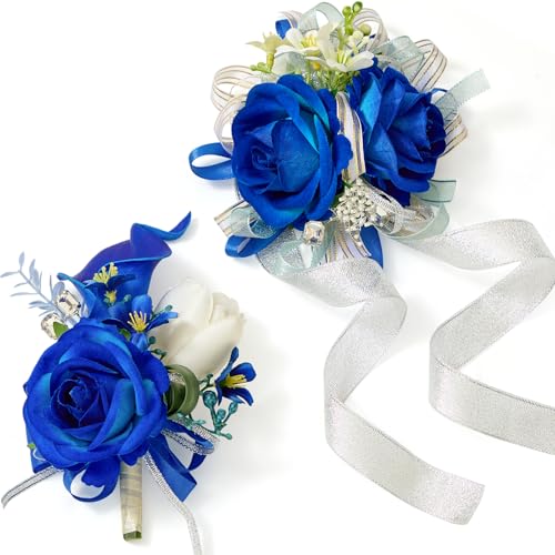 Serwalin Blue Prom Corsage and Boutonniere Set, Artificial Calla Lily & Rose Wrist Corsage Wristlet for Wedding, Homecoming, Formal Dance, Party Flowers Accessories Suit Decorations - color: Royal Blue